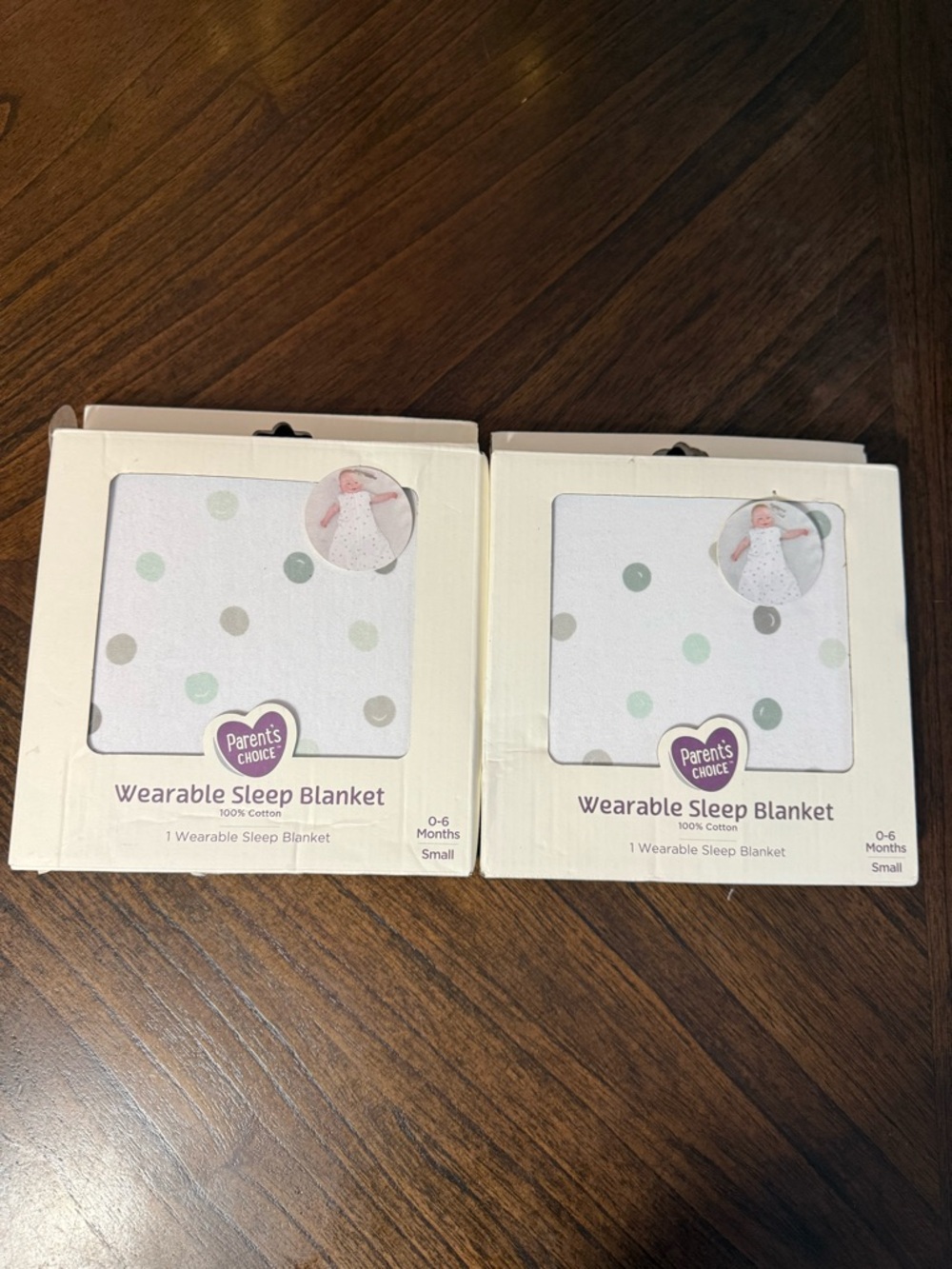 lot 2 Parent's Choice White Wearable Sleep Blanket with Mint Polka Dots - Small